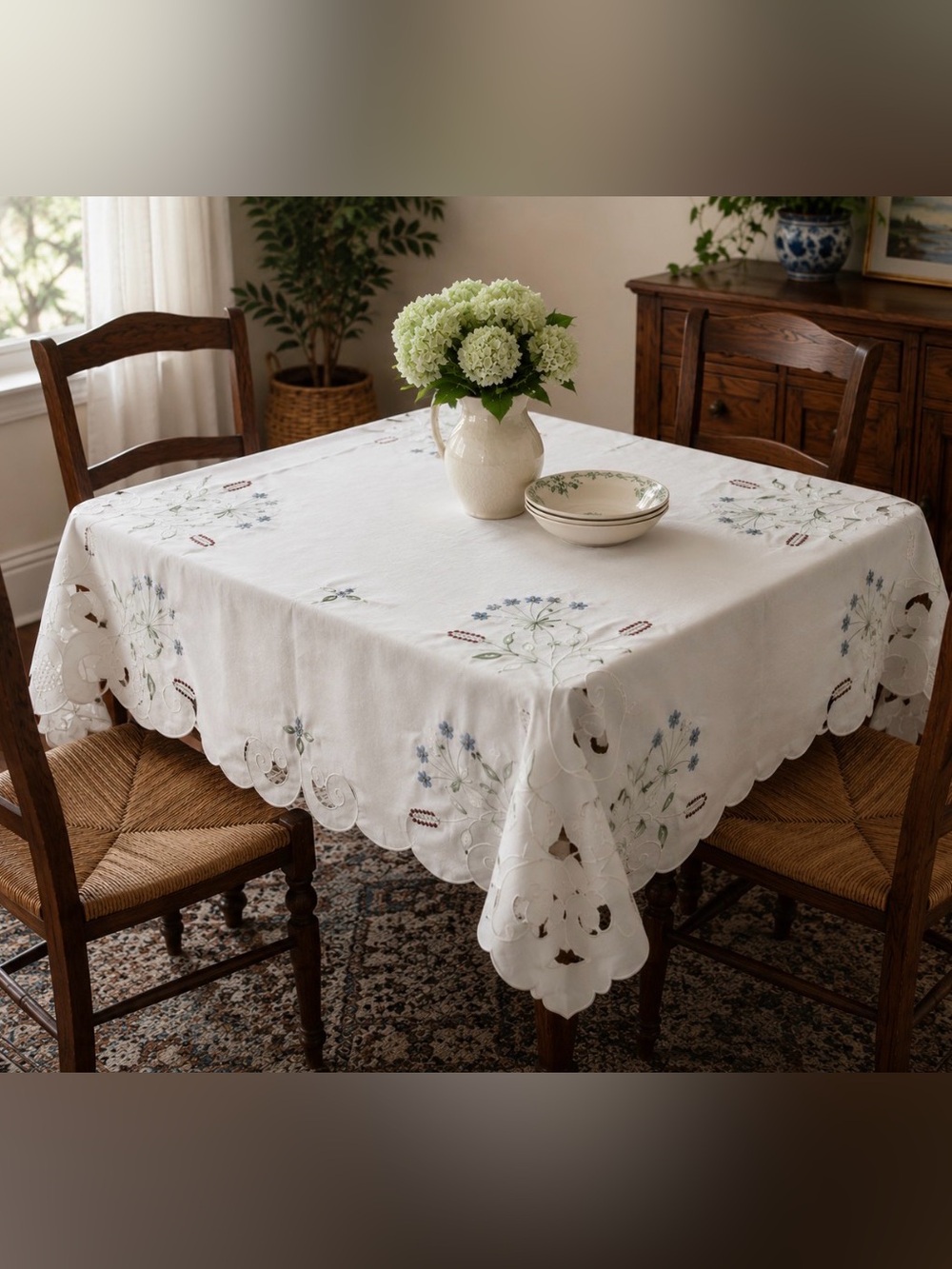 Vintage Classic Off White Embroidered Tablecloth with Floral Design